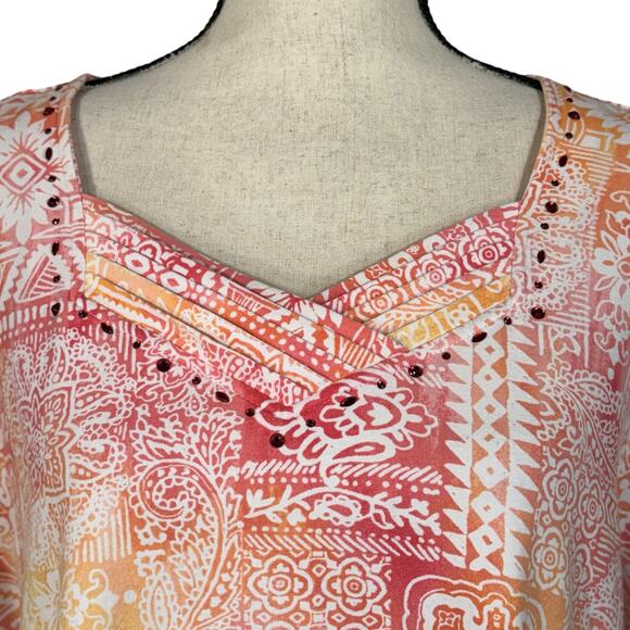 Alfred Dunner 1X-Large Top Geometric V-Neck Embellished Cap Sleeve Slits Stretch - Picture 2 of 7